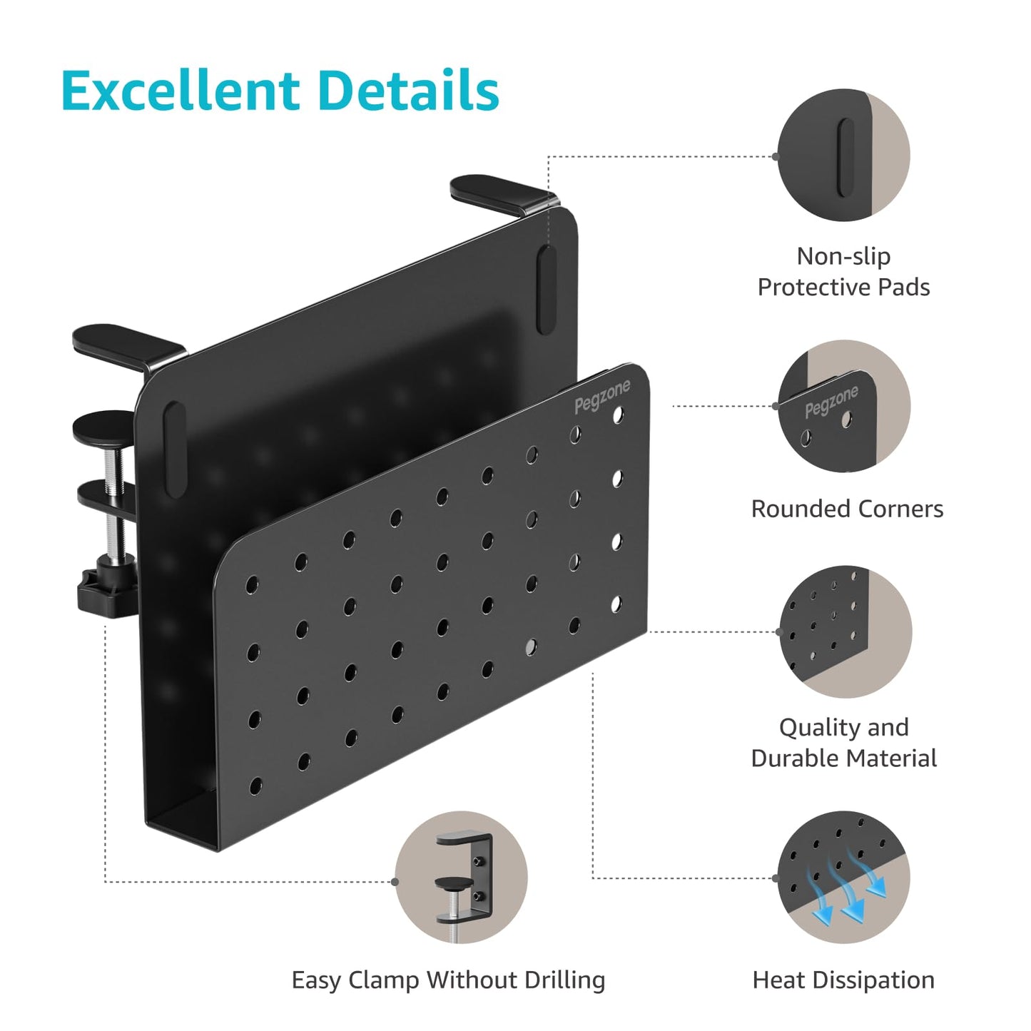 PEGZONE Desk Side Storage Organizer, No Drill Under Desk Laptop Holder, Clamp on Desks Shelf with Pegboard Accessories, Hanging Laptop Mount, Fits Flat Edge 0.4" to 2.2", Black