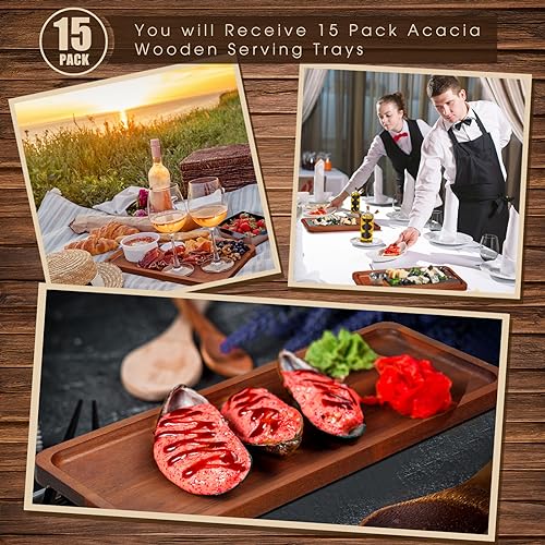 Skylety 15 Pack Solid Wood Serving Tray Large Acacia Party Server Platter Rectangular Charcuterie Board with Grooved Handle for Home Kitchen Cheese Appetizer Farmhouse Table Supplies (10.8 x 4 Inch) - size: 10.8 x 4 Inch