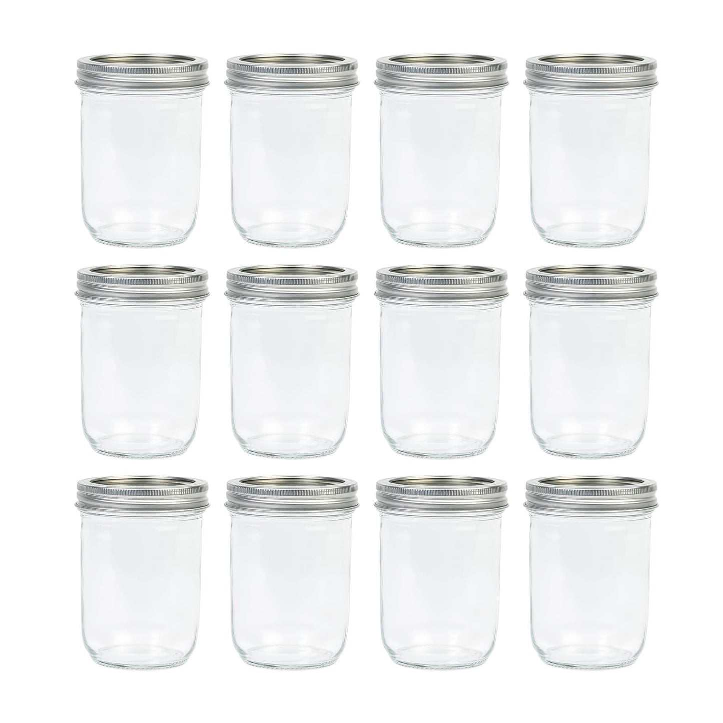 Jumterlee Wide Mouth Mason Jars 16 oz (12 Pack) - Overnight Oat Jars with Airtight 2-Piece Metal Lids, Suitable for Pickling, Meal Prep, Storage, DIY Crafts & Water Bath Canning