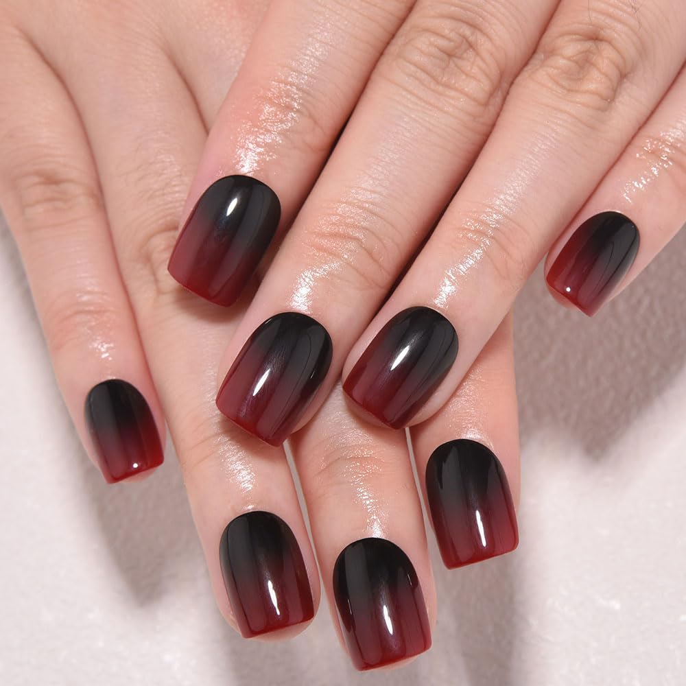 evpct Ombre Black to Red Press on Nails Extra Short, Petite Short Square Glossy Stick on Nails for Women Gift with Manicure Kit, Reusable Soft Gel Stick on Fake Nail with Ombre Designs Perfectly Fit