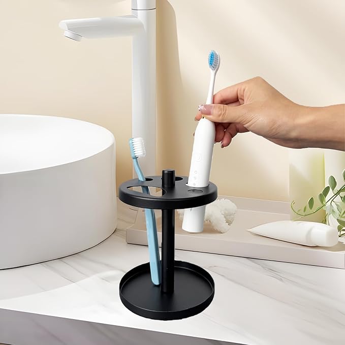 Black Metal Toothbrush Holder – Countertop 4‑Toothbrush Organizer Set with Toothpaste Holder, Fits Electric & Manual Toothbrushes, Rust‑Proof Bathroom Tooth Brush Stand Set