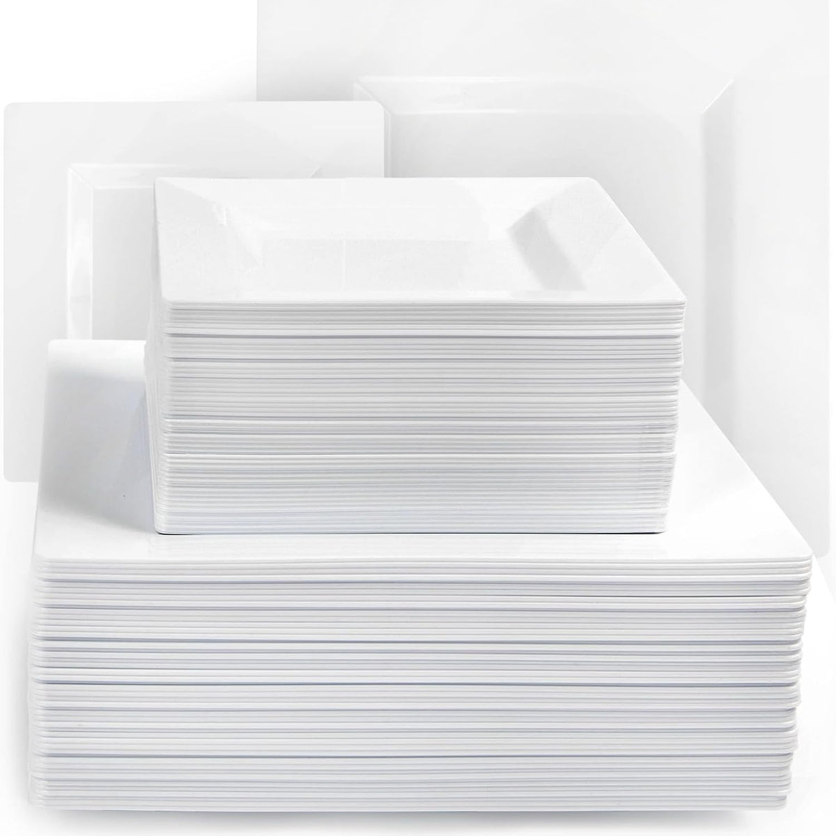 Aya's Cutlery Kingdom 100 Square Plastic Plates - Heavy Duty Disposable Plates - Includes 50 Dinner Plates (10-Inch) and 50 Salad Appetizer Plates (7-Inch) - Elegant White Party Plate for Holidays