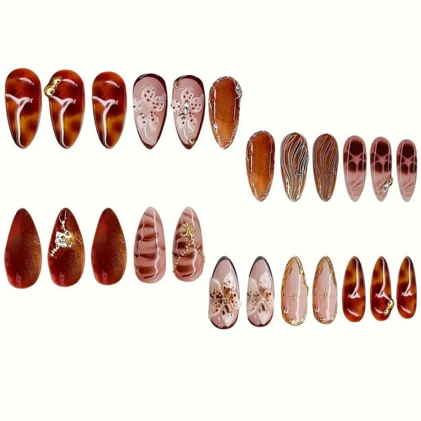 SEENEEY Medium Almond Press on Nails Brown Fake Nails Floral Artificial Nail with Gold Charm Designs Glitter Stick on Nail for Women 24pcs