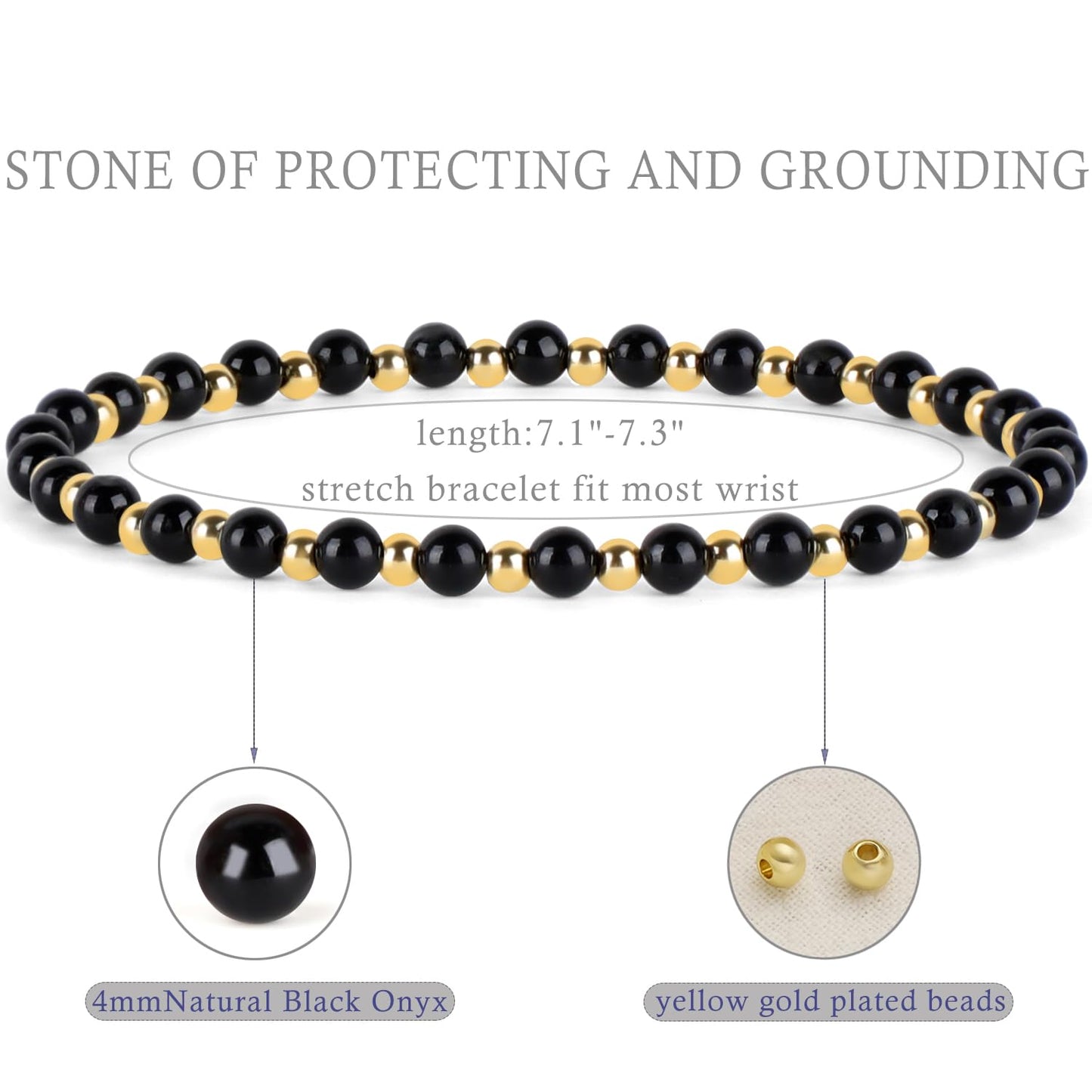 QOGIR Black Onyx - Protecting and Grounding - 14K Gold Plated Beads Natural Gemstone Stretch Elastic Dainty Healing Beaded Bracelets Gifts 4mm