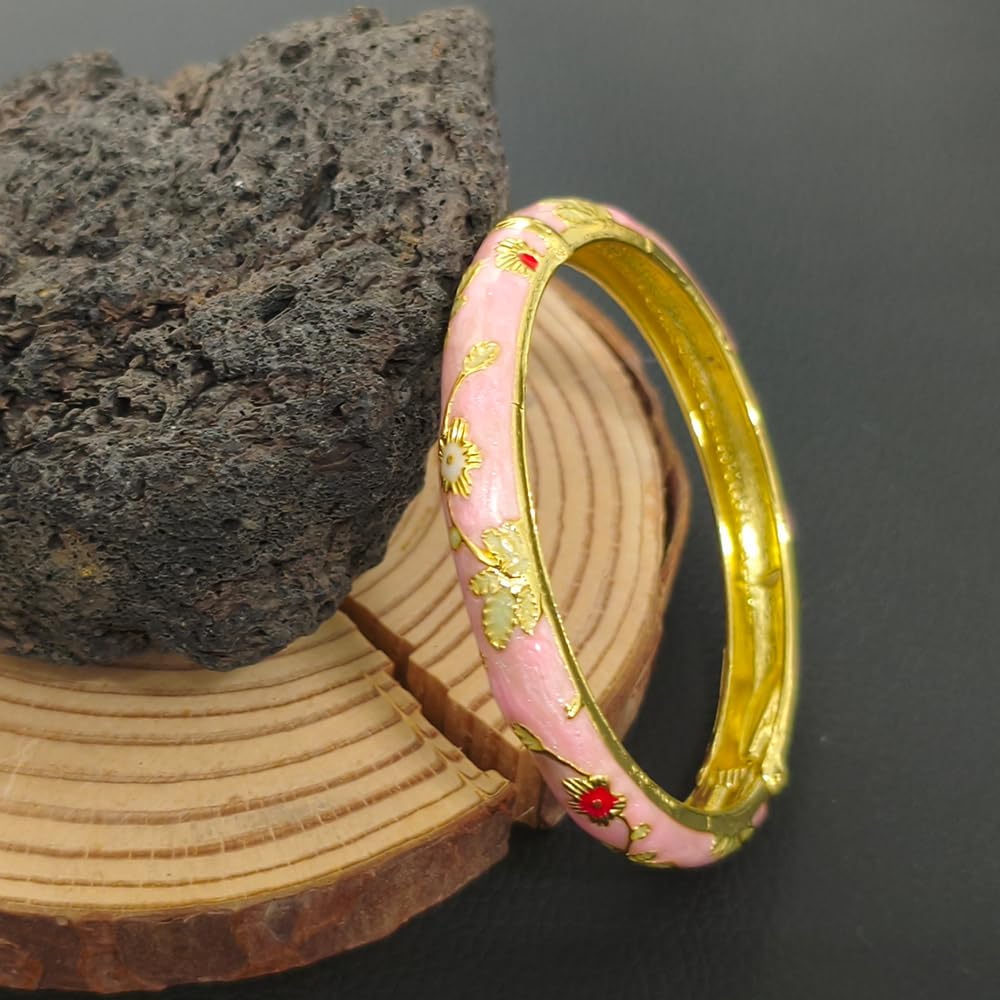 Cloisonne Bracelet For Women, Chunky Bangle Trendy Cute Flower Enamel Bangles Multi Tone Engraved Cuff Gold Plated Bracelets Stackable Wife Jewelry Friendship Gift (Blue&Pink Set, One Size)