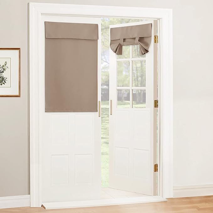 RYB HOME Blackout French Door Curtain - Privacy Thermal Insulated Window Shades for Patio Kitchen Front Entry Back Door Glass Window, Self Adhesive No Drill, 1 Panel, 30" W x 40" L, Mocha