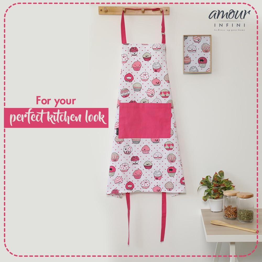AMOUR INFINI 5 Piece Set of Apron,2 Kitchen Towel,Oven Mitt and Pot Holder in a Valentine Cup Cakes Design Event Outdoor BBQ Baking Grilling Party Kitchen Decor