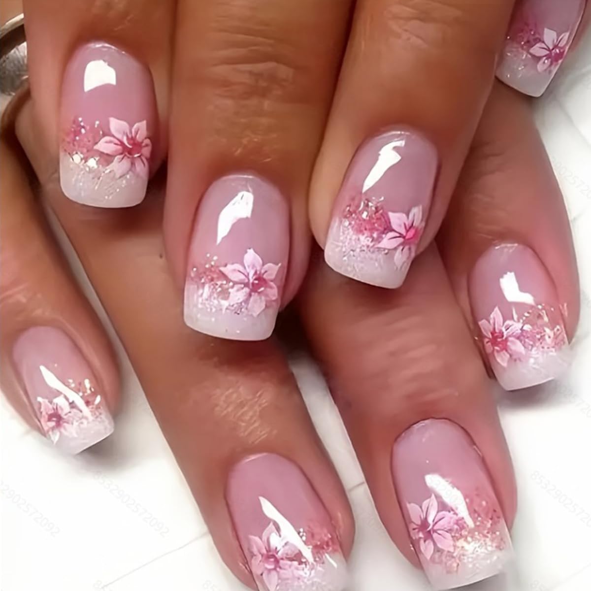 6 Packs (144 Pcs) Short Press on Nails Square Fake Nails Flower Press on Nails Summer Spring Acrylic Glue on Nails Full Cover Cute False Nail Tips Stick on Nail for Women Manicure 12 Size - 6 Style