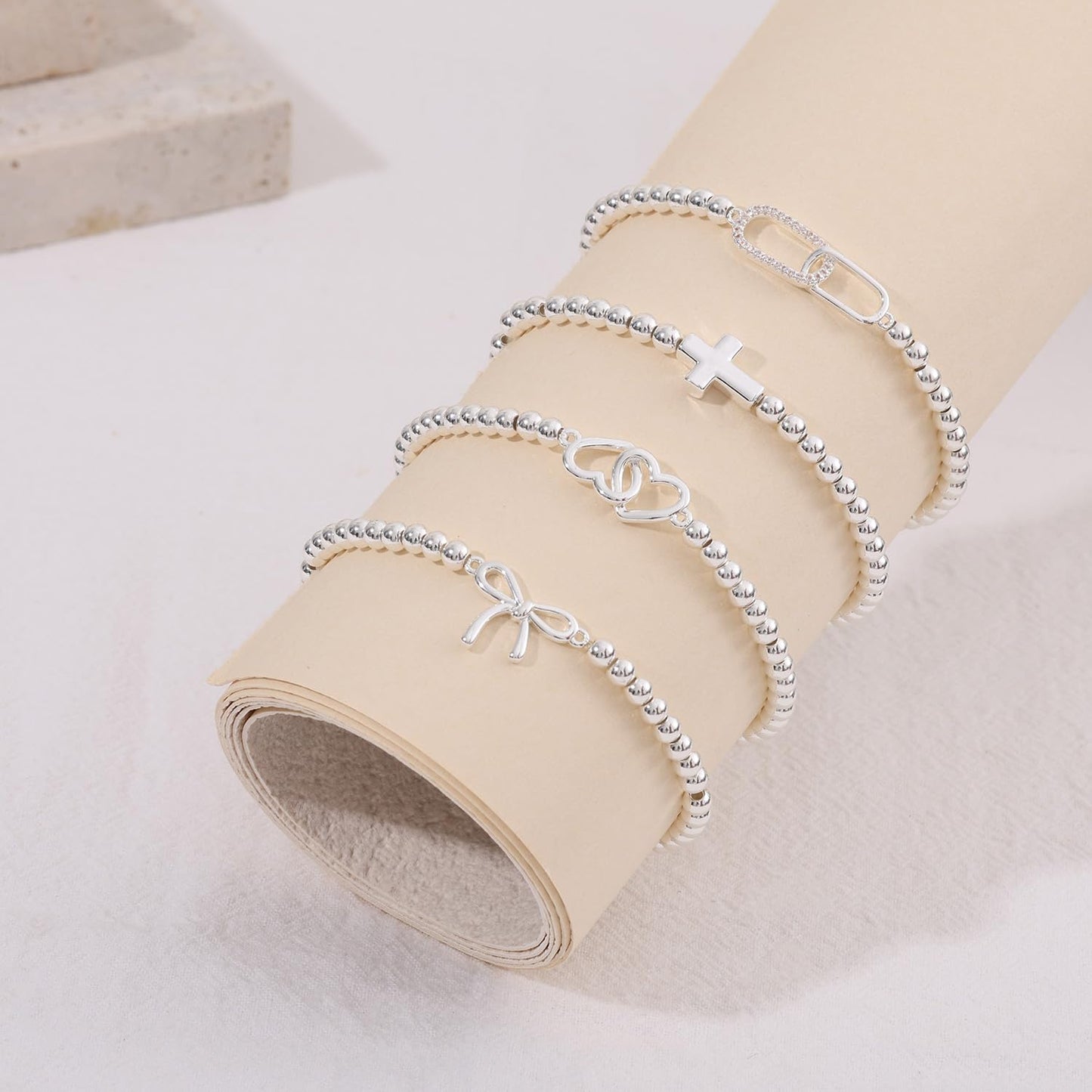 Beaded Bracelets for Women 14K Silver Gold Plated Stretch Handmade Ball Bracelets Cute Charm Bracelet Dainty Stackable Cross Heart Bow Wave CZ Circle Trendy Jewelry Easter Gifts (bow-silver)