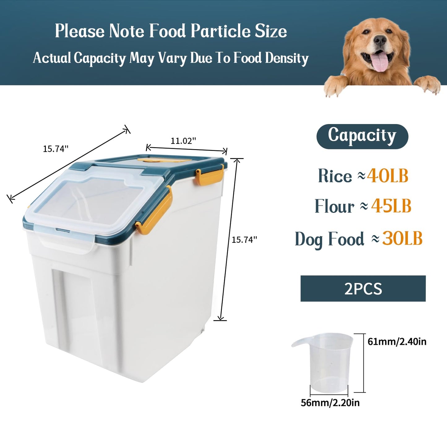 Begino Large Flour Storage Container Bin 50lb, 2Pack Airtight Rice Storage Containers with Wheels Seal Locking Lid, BPA Free with Measuring Cup&Scoop for Flour, Rice, Grain(Blue)