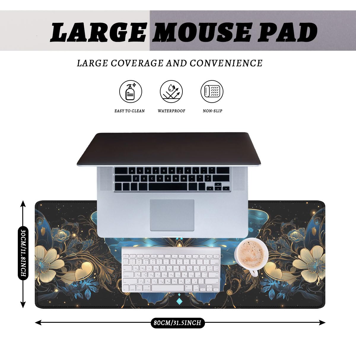 Blue Butterfly Gaming Mouse Pad Gorgeous Wings Fantasy Butterfly Large Gaming Mouse Mat with Stitched Edges,Non-Slip Waterproof Rubber Base Mous Mat 31.5x11.8 in