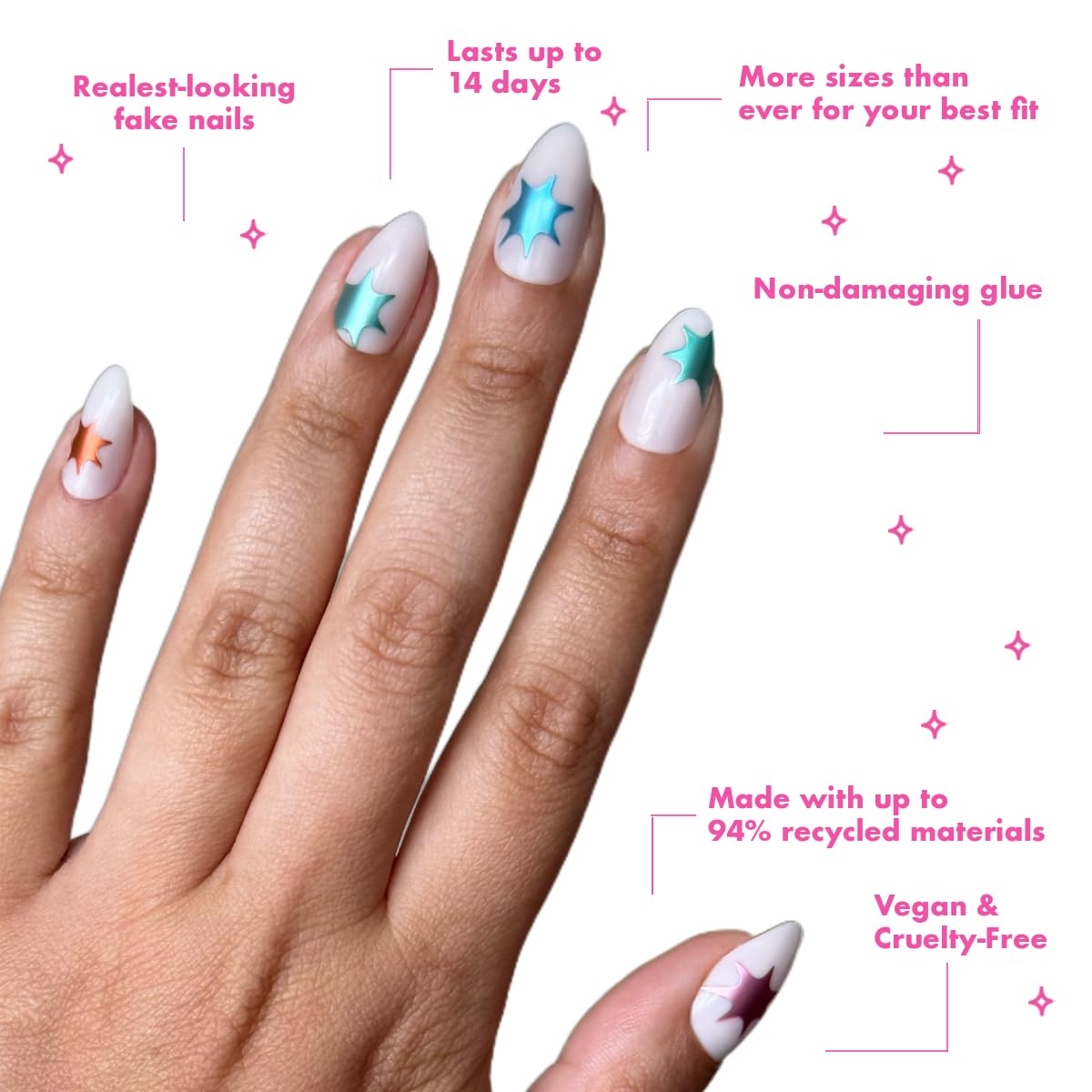 Olive & June Maximalist Instant Mani Press-On Nails (Glue) | 42 Fake Nails, 21 Sizes | Non-Toxic, Long-Lasting Big, Bold Gorgeous Realistic Look | Salon-Quality at Home | Medium, Almond | Chrome Burst