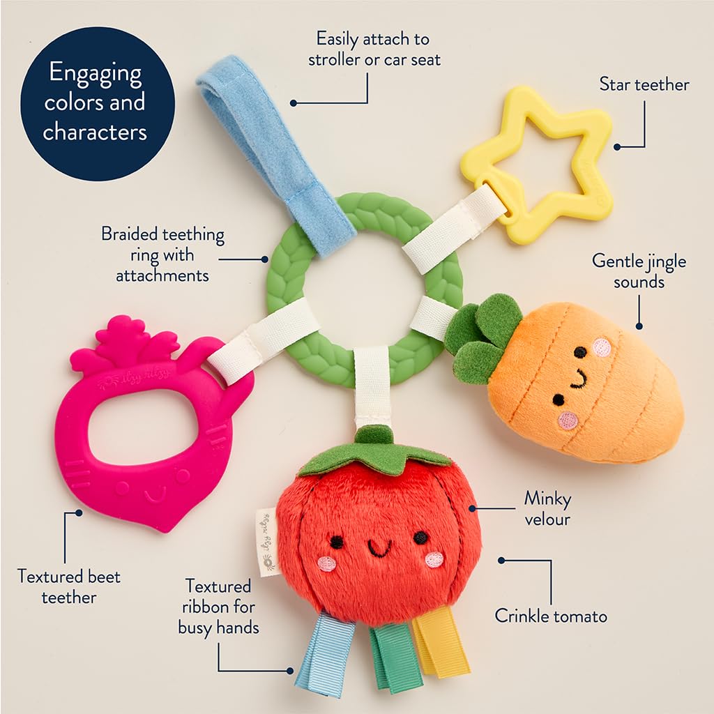 Itzy Ritzy Teething Activity Toy - Bitzy Busy Ring Infant Teething Toy Features Braided Ring & Dangling Toys, Includes Teether, Ribbons, Crinkle Sound & Jingle Bell - 0 Months & Up (Veggie)