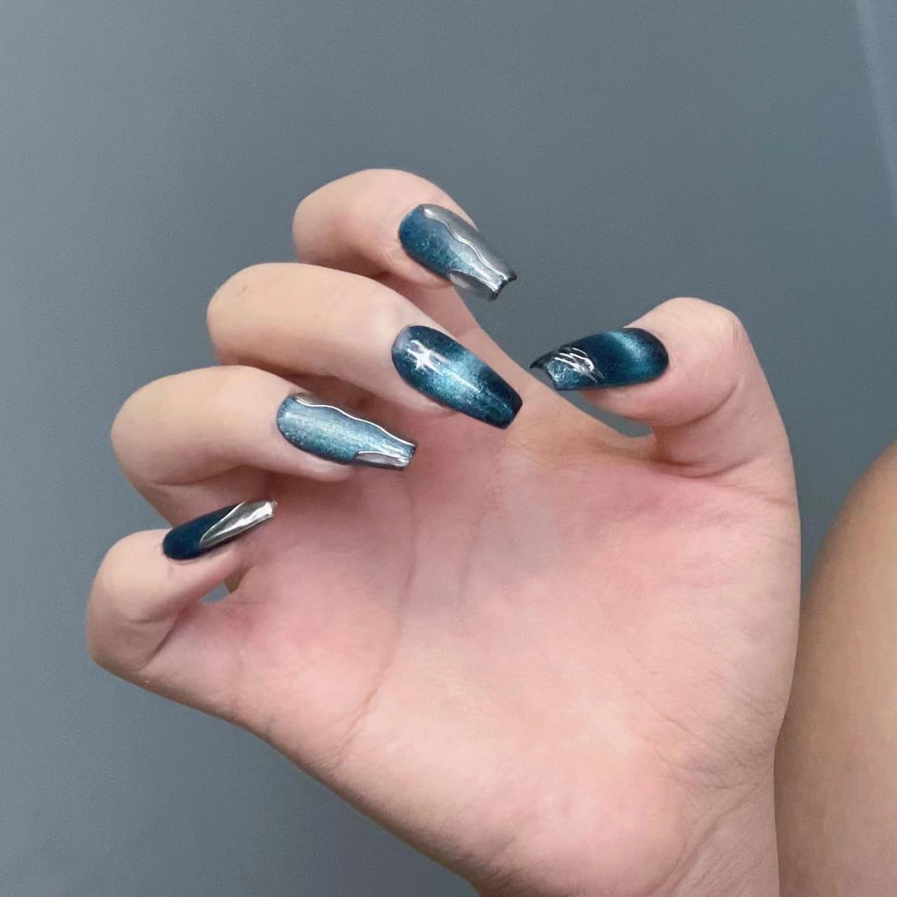 LIFOOST Nails Handmade Press On Medium Coffin Silver Blue Magnetic Cat Eye Fake Nail Luxury Star River False Nail Tips,10 Pcs Size Small