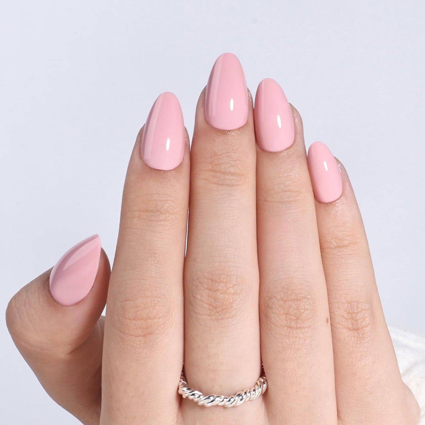 Leefrei Soft Pink Press On Nails Short Almond - Glossy Fake Nails Press ons, Reusable Glue On Nails for Women, 16 Sizes 32 Pieces Nail Kit with Glue, Soft Pink