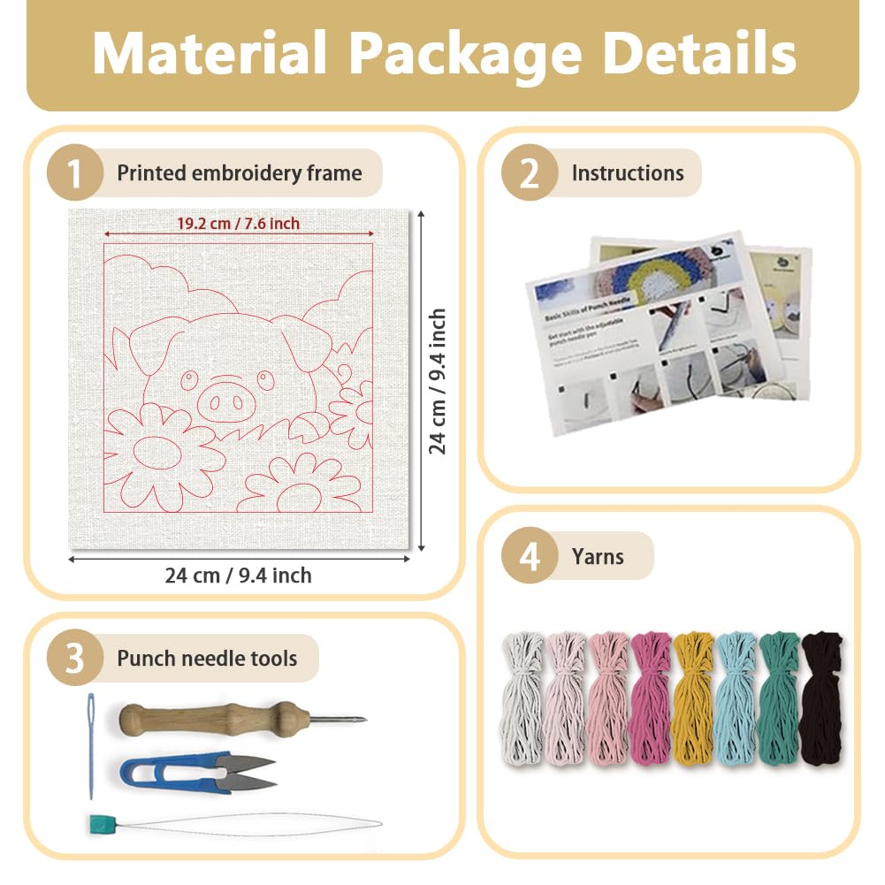 Doodlream Flowers Pig Needle Kit for Beginner, 9.4"x 9.4" Pig in Daisy Field Punch Stitching Craft Set, Color DIY Embroidery Starter with Printed Frame, Instruction, Threader, Yarn, Pinch Needle
