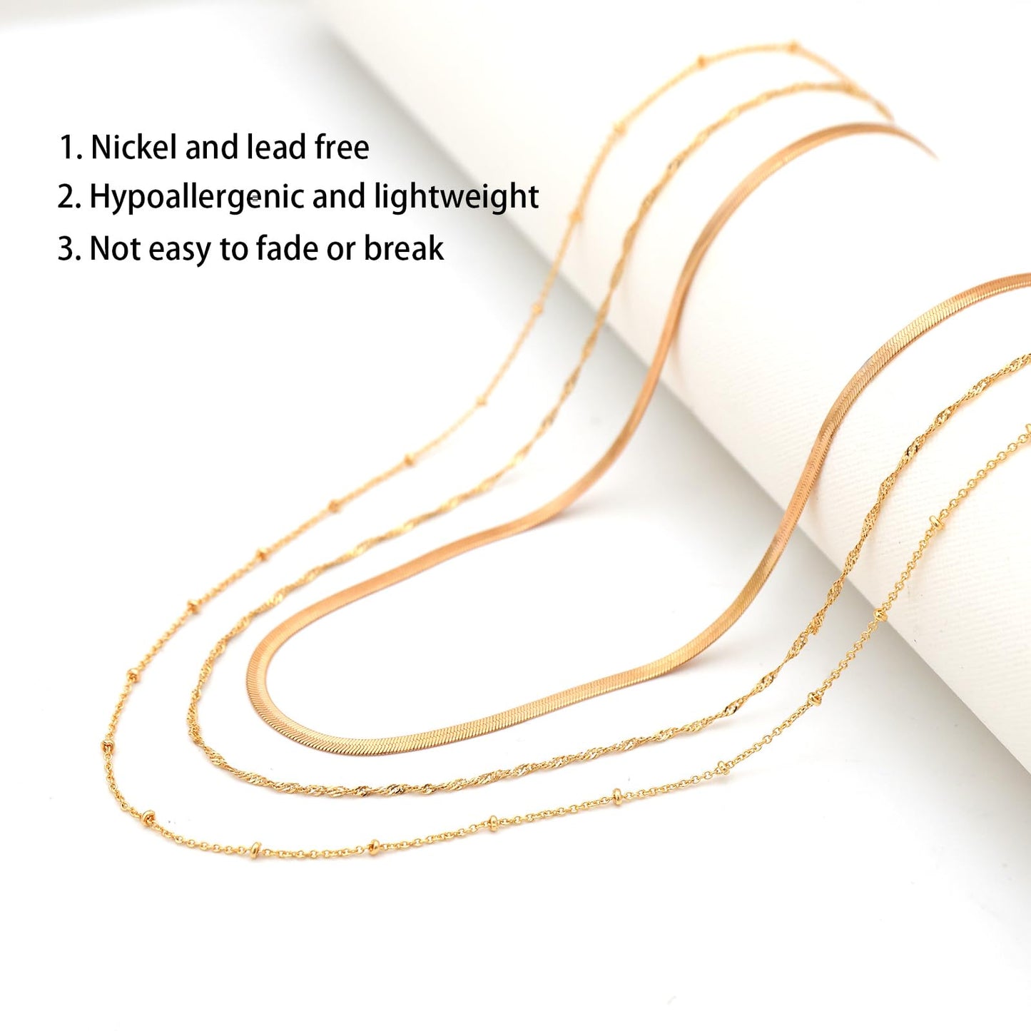 Layered Necklaces for Women, 18K Gold Plated Dainty Multi Layering Necklaces for Women Stackable Trendy Thin Satellite Chain Singapore Necklace Snake Chain Simple Herringbone Necklaces Non Tarnish