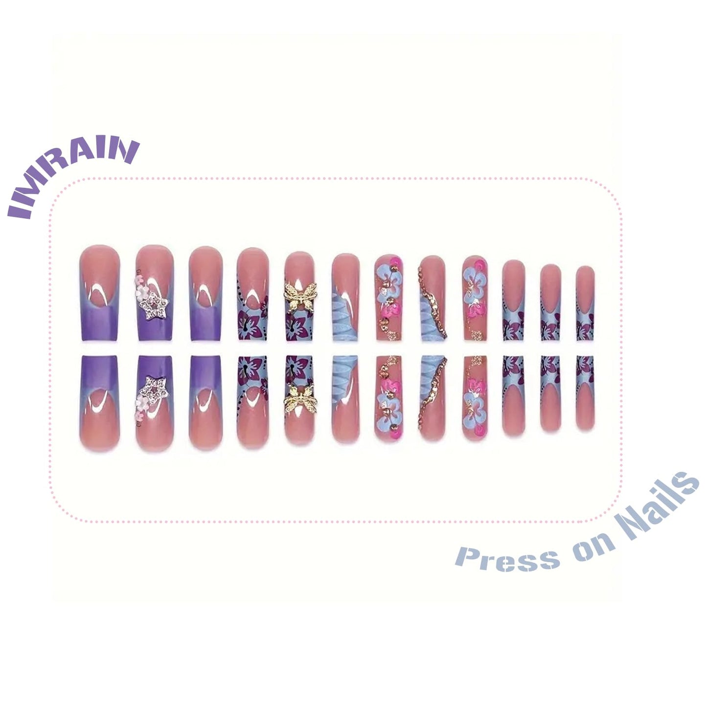 IMRAIN Press on Nails Long Square Fake Nails Blue Purple Flower Acrylic False Nails with Butterfly Rhinestone Designs Glossy Luxury Handmade Glue on Nails