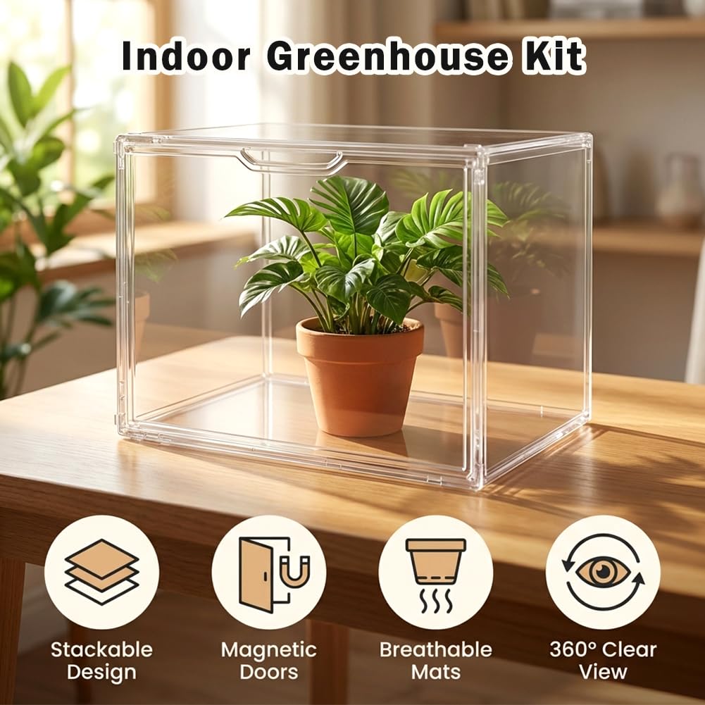 Indoor Mini Greenhouse for Small Plants, Stackable Tabletop Clear PET Greenhouse 14.2×8.7×10.7 in with Magnetic Door, Easy Assembly Plant Nursery, Includes Drainage Mats