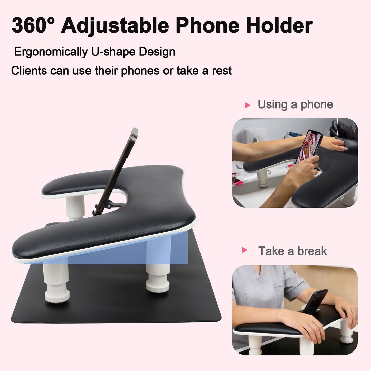 Arm Rest for Nails Tech with Nail Table Mat and Phone Holder,Adjustable Base U-shaped Manicure Nail Hand Rest Stand Pillow Cushion(Black)