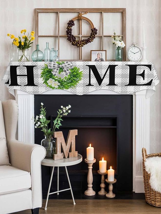 Rustic Home Fireplace Mantel Scarf Table Runner,Green Eucalyptus Leaves Wreath Wooden Plaid Winter Garland Mantel Top Tablerunners Dresser Scarves Cover for Windows Party Living Room 60"x17"
