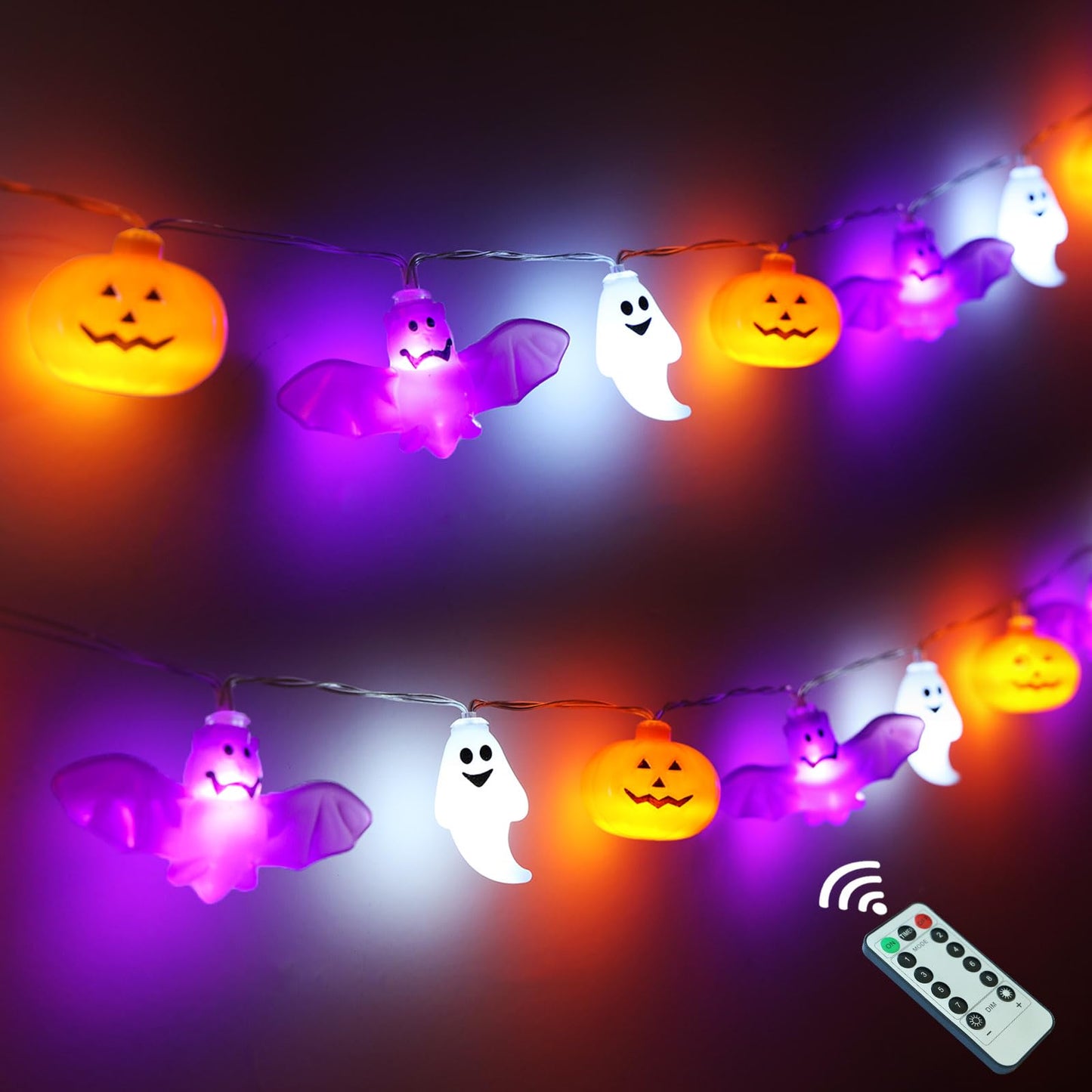 UZKEW Halloween String Lights, 16.4FT 30 LED Pumpkin Bat Ghost Battery Operated Orange and Purple Lights Strobe 8 Lighting Modes Timer Fairy Indoor Outdoor Window Front Porch Decor Party Decorations