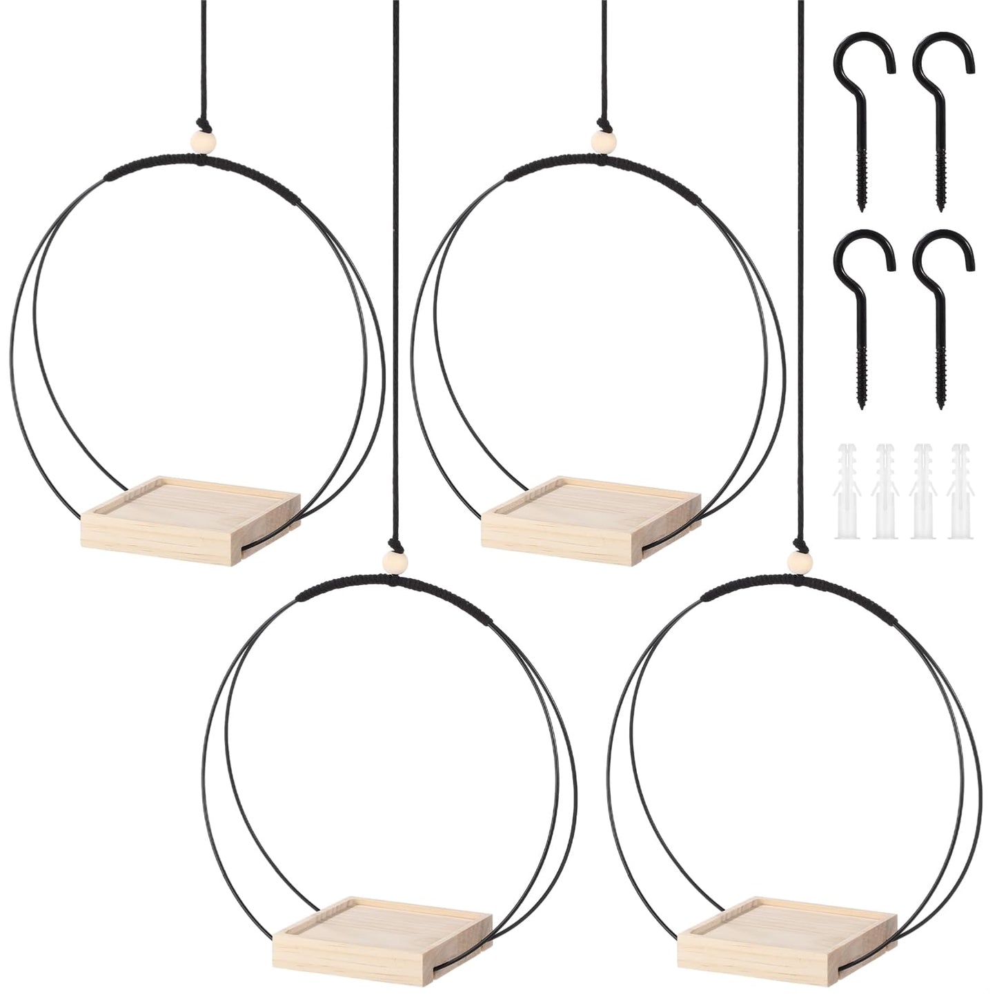 Tressify 4 Pcs Hanging Plant Holder with Wooden Base, Metal Circle Planter, Ceiling Hooks for Small Pots, Macrame, Indoor Outdoor