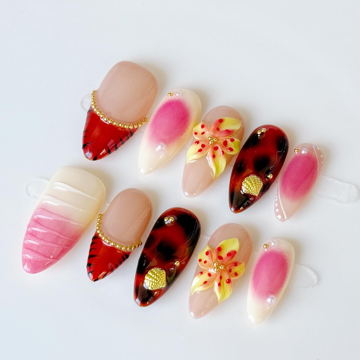 Haozerart Luxury Handmade Press On Nails Medium Almond, Red French Tip With Gold Beads, 3D Flower & Gold Shell Glossy Reusable Fake Nails for Women, 10Pcs Size M
