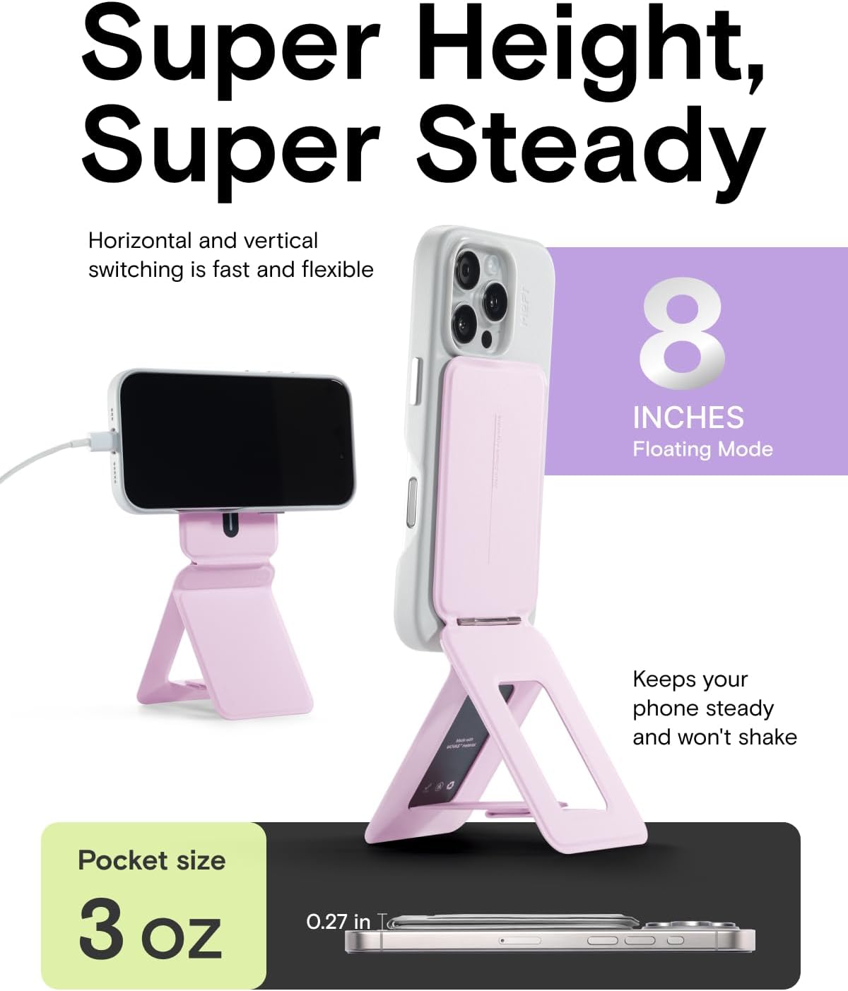 MOFT Phone Tripod Stand Selfie Stick for iPhone, Multi-Angles iPhone Stand, Lightweight & Portable Phone Holder, Strong Magnets, MOVAS Vegan Leather, Travel Essentials, Blush(Without Card Slot)