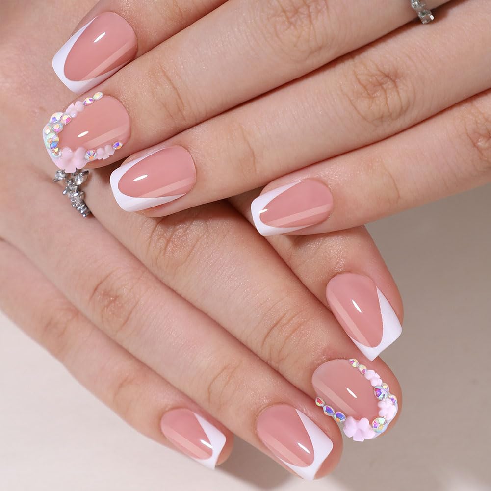 WAFOLOZE White French Tip Press On Nails - Short Square Fake Nails With Rhinestone & Flower Designs, 16 Sizes - 32pc False Nails Tips Kit, Stick On Nails