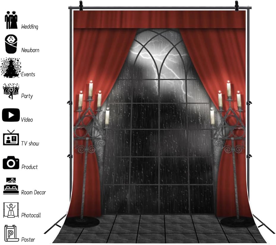 Renaiss 5x7ft Vintage Gothic Window Backdrop Red Curtain Candlestick Black Floor Lightning Stormy Sky Vampire Medieval Castle Photography Background Halloween Dress Up Party Decors Photo Booth Props