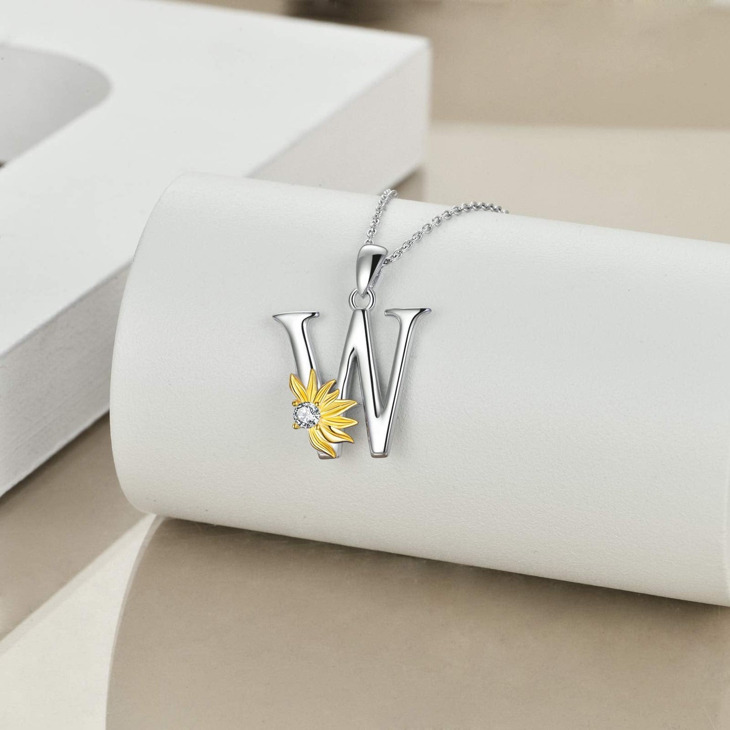 POPLYKE Sterling Silver Initial Alphabet Letter Script Name Pendant Chain Necklace for Women for (Sunflower W)