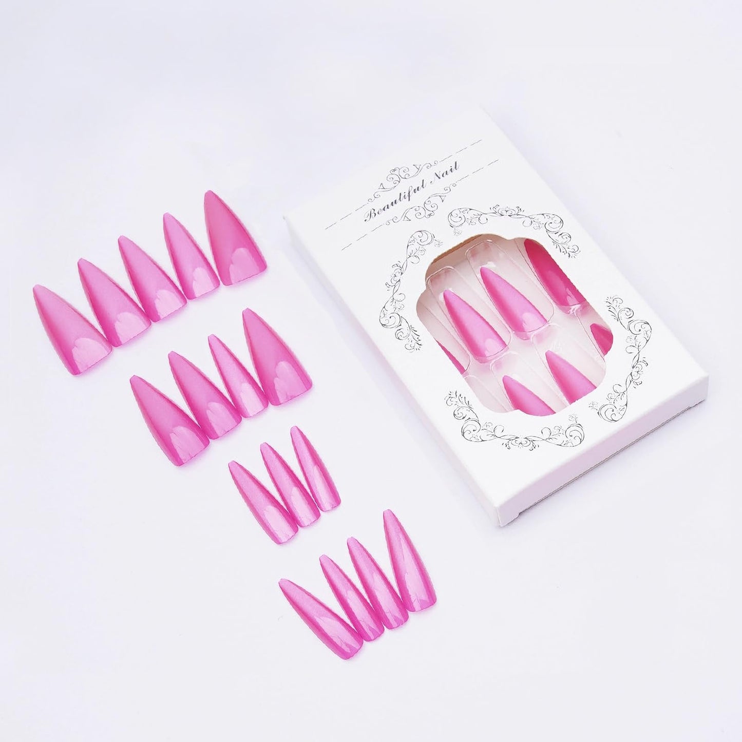 MISUD Press on Nails - Long Stiletto Fake Nails with Bling Glitter, Acrylic Summer Pink Cat Eye Design 24 pcs