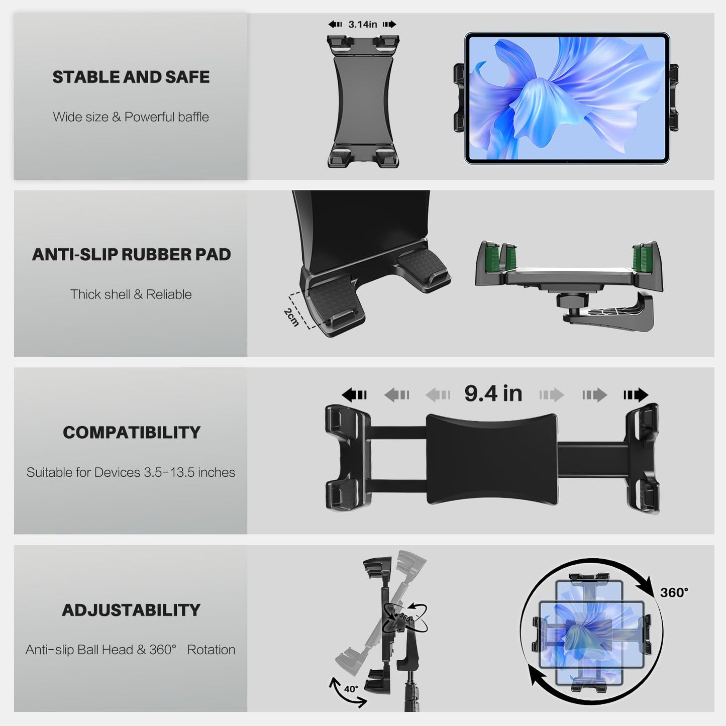 SENWOW Tablet Tripod Mount Adapter 360 Degree Rotatable Universal, Tablet Clamp Holder for Tripod, Selfie Stick, Monopod, Compatible with iPad Pro, iPad Air, iPad mini, 3.5-13.5 Inch Phone