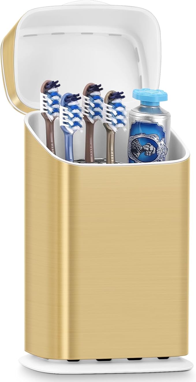 Toothbrush Holder with Cover - 5 Slots Toothbrush Holders for bathrooms, Detachable Bathroom Caddy Organizers and Storage Kids Tooth Brush and Toothpaste Holde, Gold
