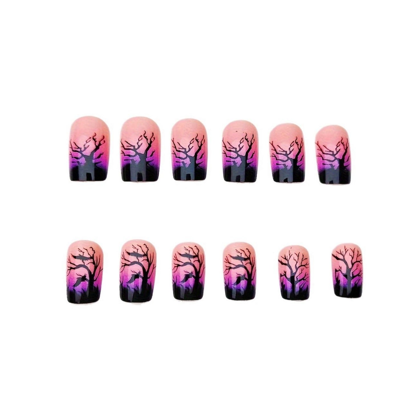 Halloween Press on Nails Purple Glitter Gradient Fake Nails with Black Withered Tree Designs Full Cover Glossy Short Square Stick on Nail Halloween Artificial Acrylic False Nail for Women 24 Pcs