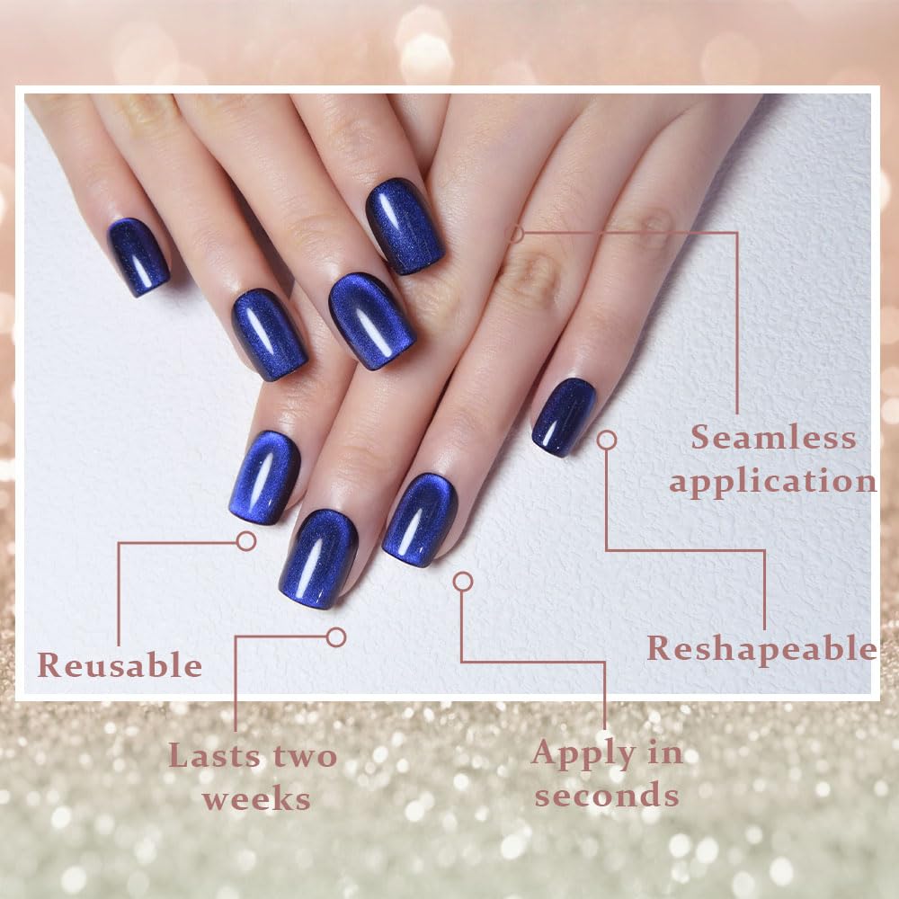 evpct Royal Blue Cat Eye Extra Short Press on Nails Square, Petite Short Square Stick on Nails for Women Gift, Blue Metallic Glitter Glossy Reusable Soft Gel Press on Acrylic Fake Nail with Designs