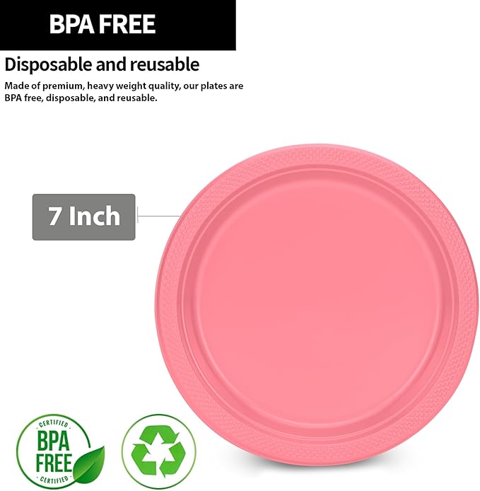 Round Plastic Dinner Plate - 7" | Pink | Pack of 50