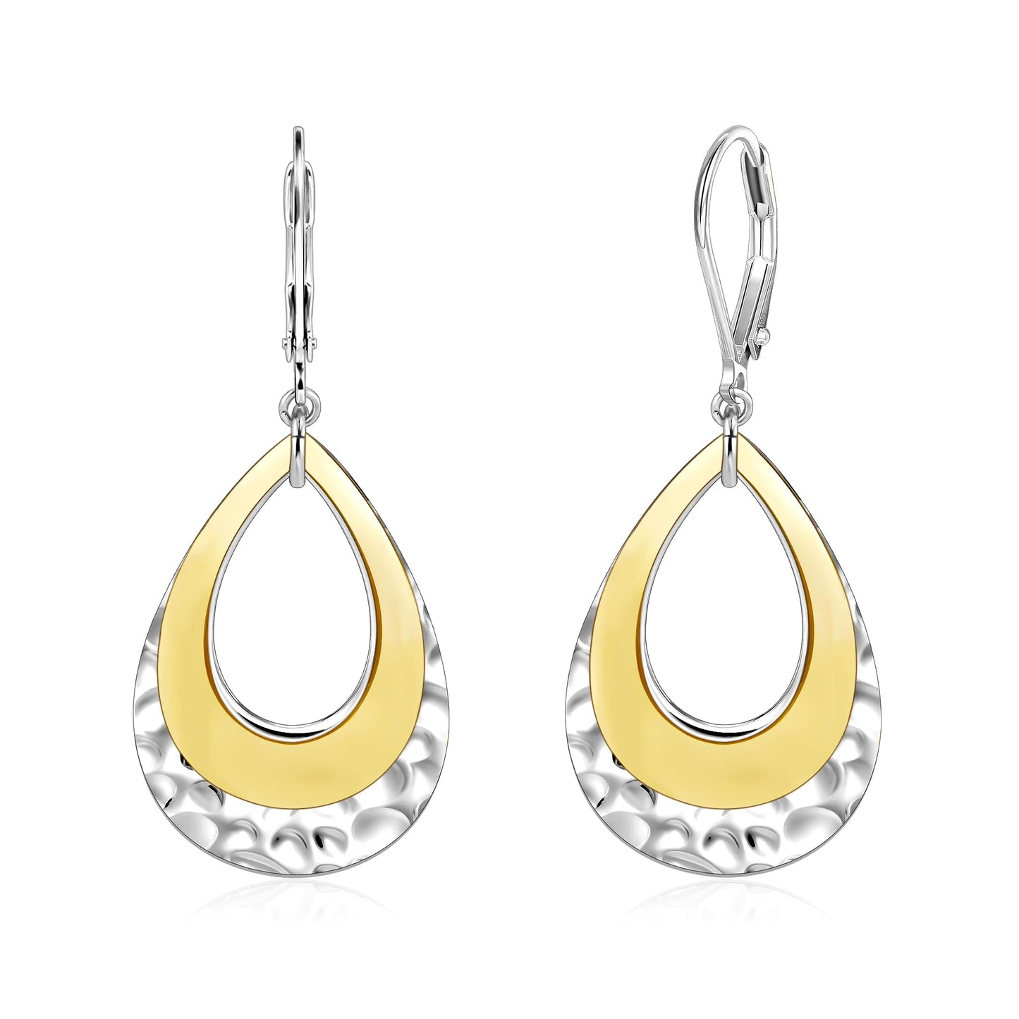 Sterling Silver Teardrop Dangle Earrings for Women Gold Plated Layer Leverback Hammered Dangle Earrings Jewelry Hypoallergenic Silver Waterdrop Leverback Dangle Earring for Gifts