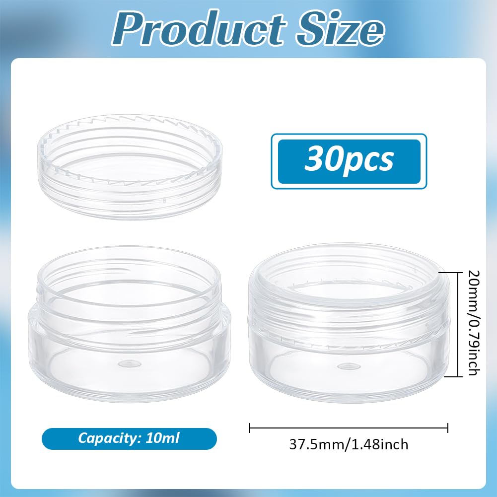 BENECREAT 30 Pack 1.47"x0.78" (10ml) Empty Clear Plastic Bead Storage Container jar with Rounded Screw-Top Lids for Beads, Nail Art, Glitter, Make Up, Cosmetics and Travel Cream