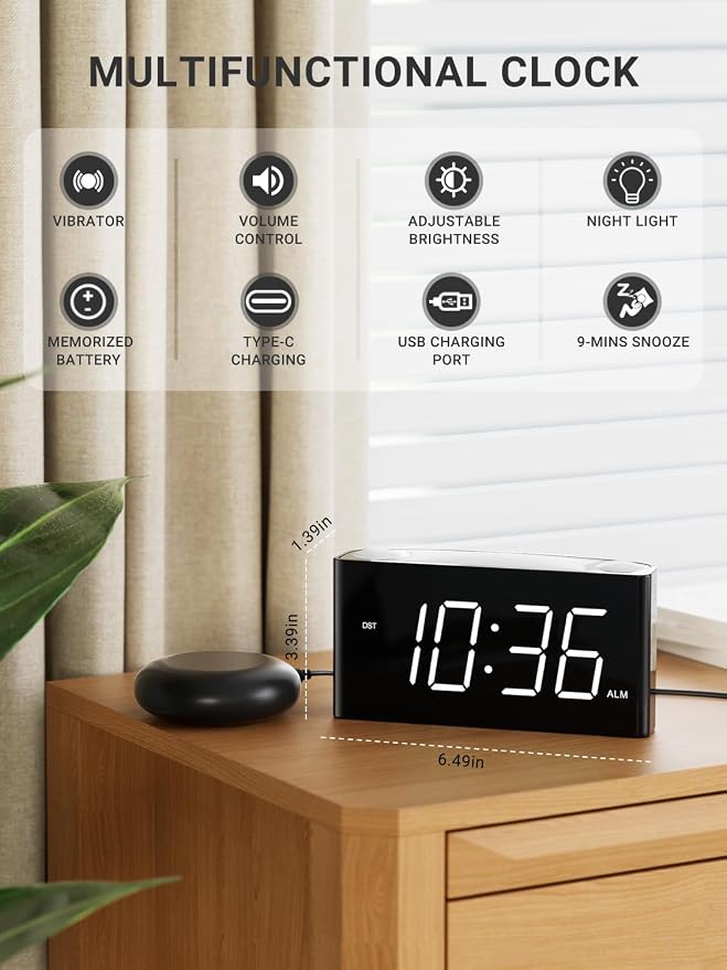 Vibrating Alarm Clock for Heavy Sleepers – Loud Alarm with Bed Shaker, 3 Wake Modes, Large 7.5” Display, 5-Level Dimmer, USB & Type-C Charging, Plug-in with Battery Backup for Bedroom, Teens & Deaf