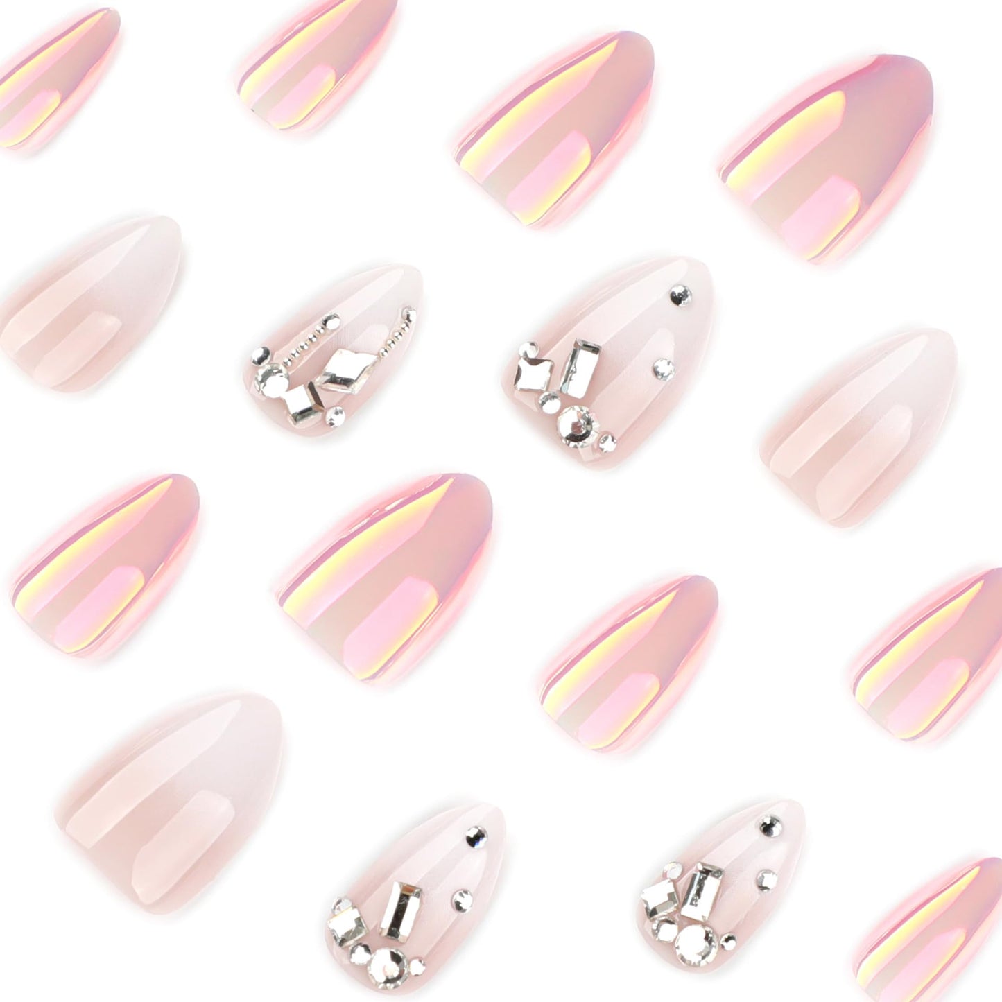 RUOKEXIN Almond Press on Nails Short Fake Nails White Ombre False Nails with Rhinestones Designs Plating Nail Press ons Sparkly Artificial Nails for Women 24Pcs