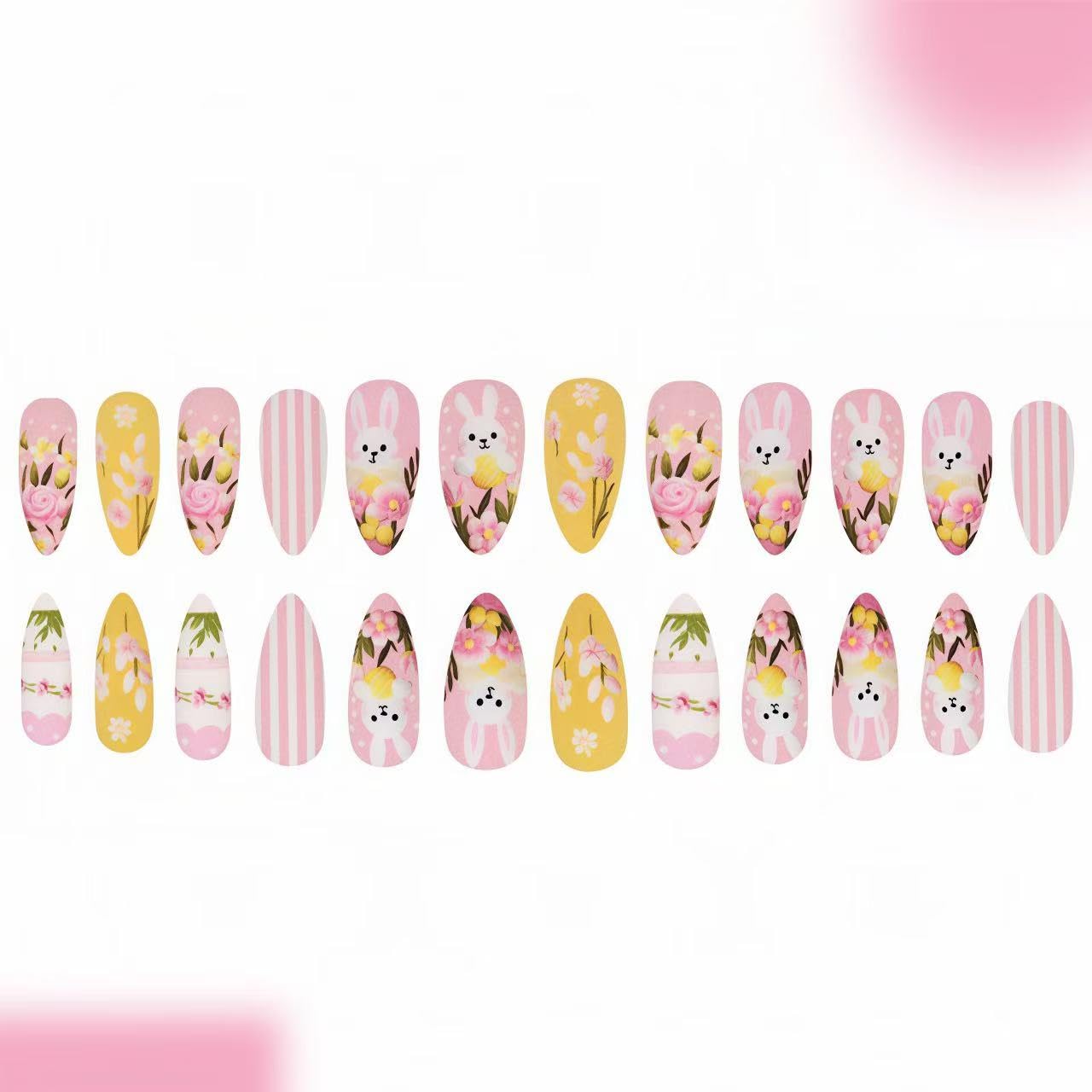 Easter Press on Nails Medium Almond Matte Fake Nails Pink Rabbit False Nails Cute Egg Easter Forest Theme Flowers Acrylic Stick on for Women Easter Holiday Manicure Decoration 24Pcs