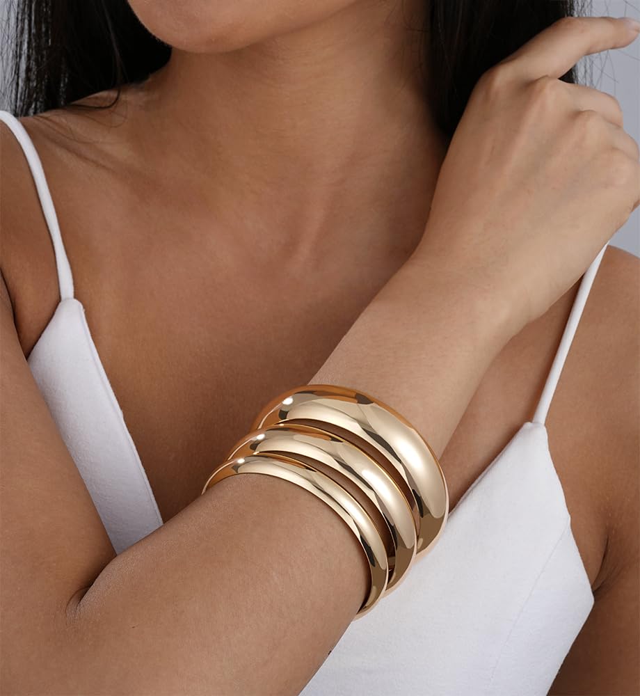 Chunky Gold Bangle Bracelets for Women, Dainty 14k Gold Plated Big Stackable Bangles Set, Trendy Statement Cuff Bracelet Stack Fashion Jewelry Gifts (3 Thick gold bangles)