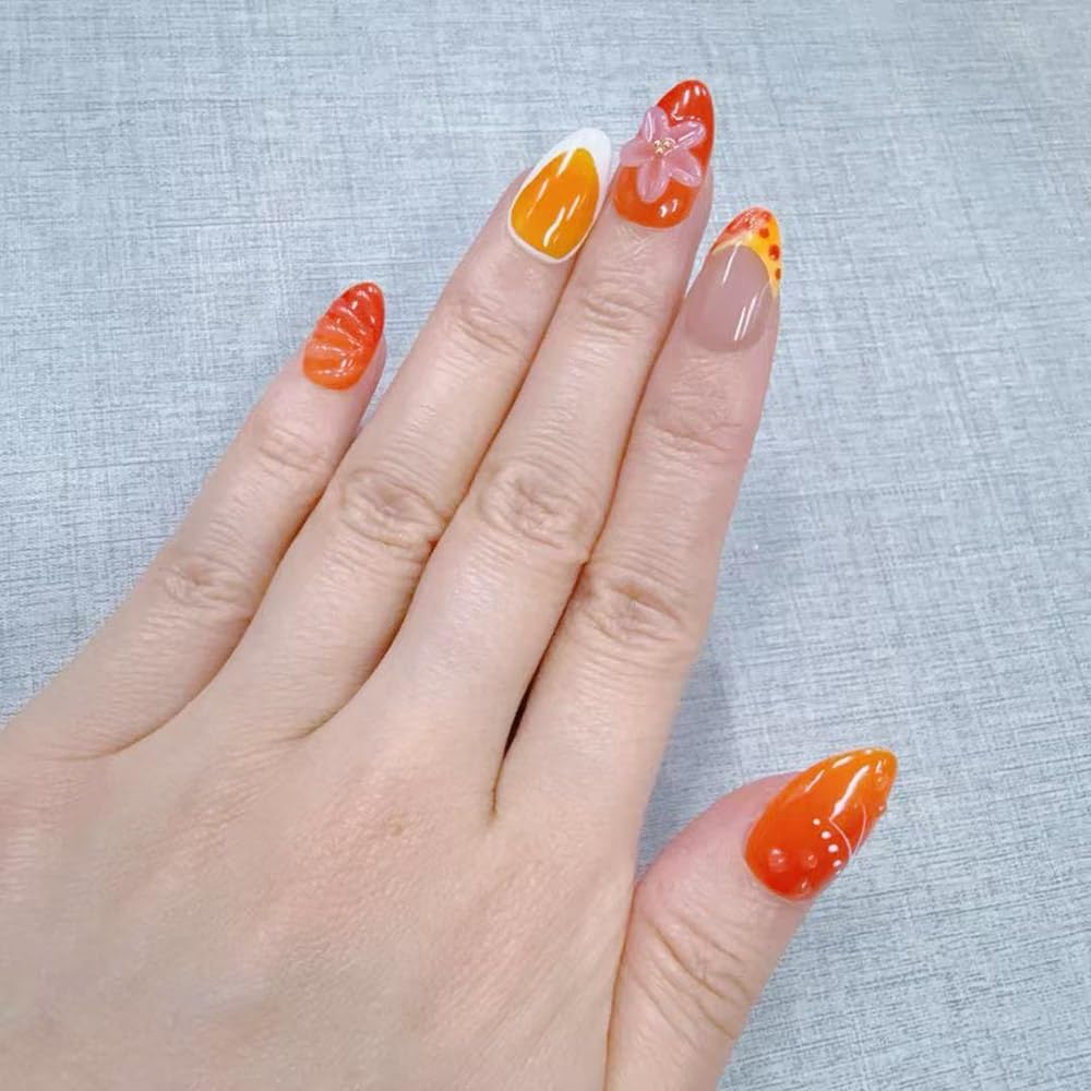 10 Short Almond Handmade Press On Nails | 3D Floral Gradient Color with Cute Starfish & Seashell,New styles for Autumn & Winter | Skip Salon Trips, Easy to Apply & Remove, Reusable(25106, XS)