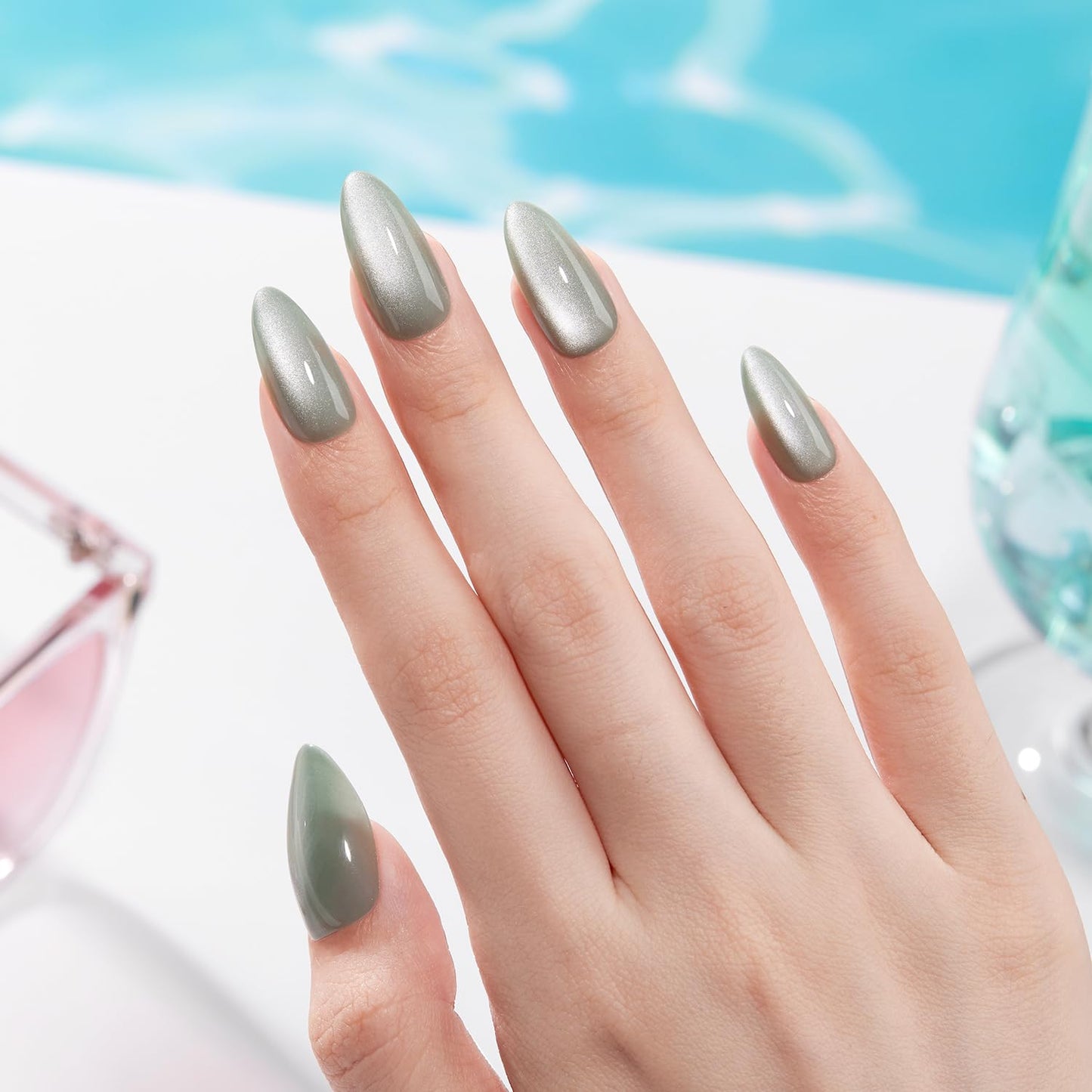 VSALON Almond Medium Press On Nails, Green Holographic Summer Cat Eye Chrome False Nails, Salon Quality Shimmer Fake Nails Kit - 32 PCS Stick on Nails in 16 Sizes with Glue & Cuticle Oil