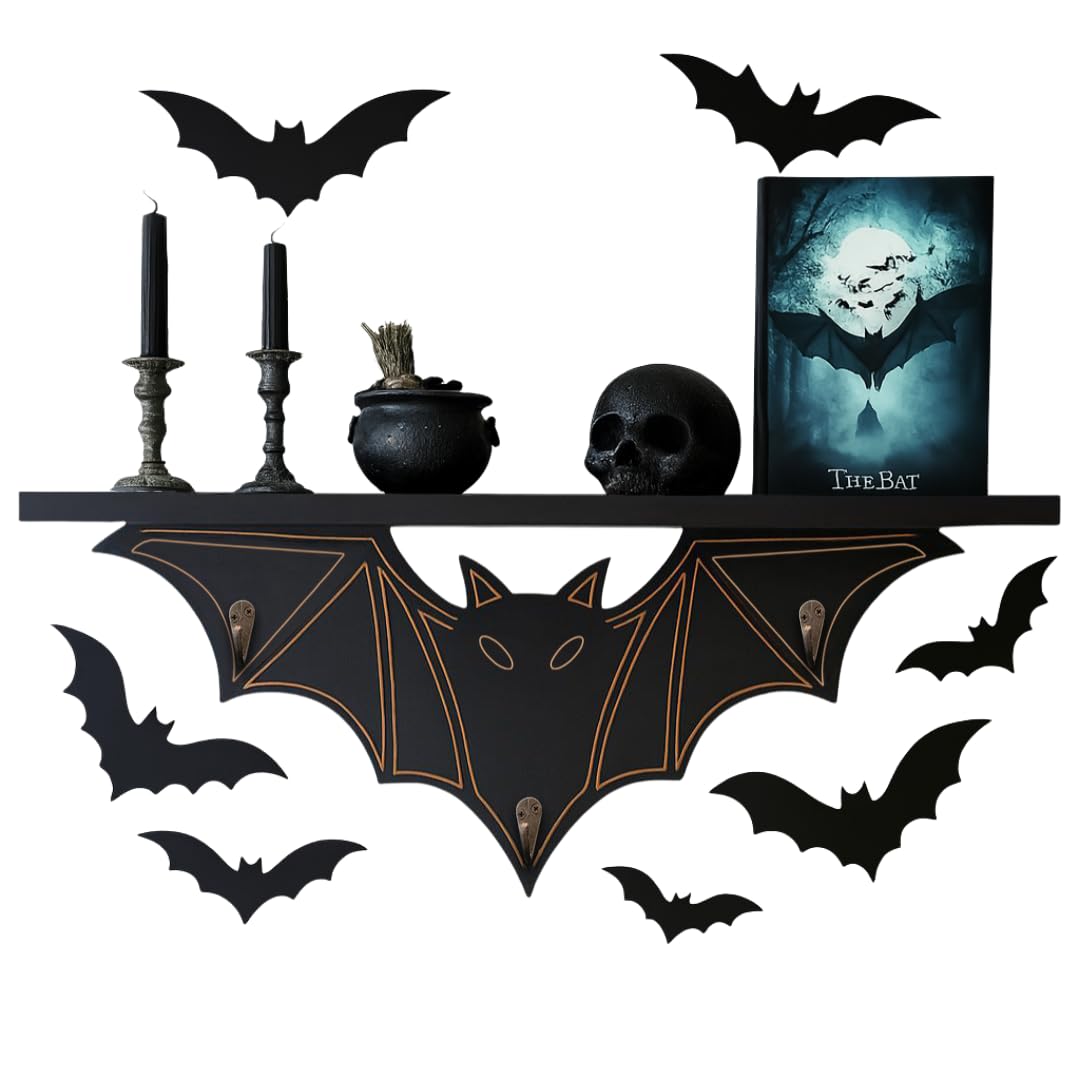 Gothic Bat Shelf Wall Decor with Hooks - Valentines Spooky Goth Themed Gifts for Adults Women with Bat Stickers - Black Floating Shelf for Bedroom Living Room - Unique Vampire Room Lovers Accessories