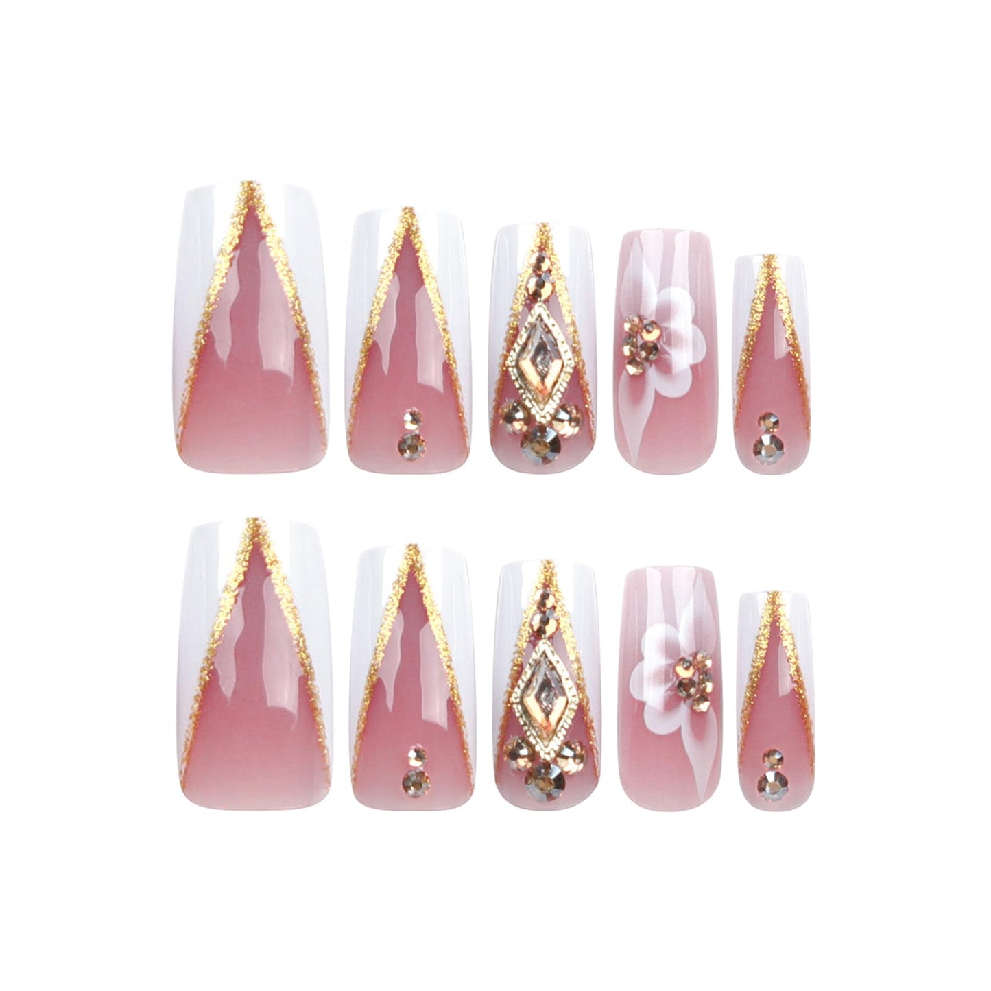 MISUD Press on Nails - Long Square Fake Nails with White French Tip, Acrylic Bling Gold Glitter Rhinestone Design 24 pcs