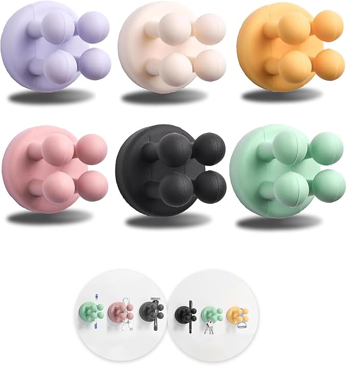 6Pcs Silicone Toothbrush Holders for Bathrooms,Waterproof Self Adhesive Multifunctional Hook for Hanging Towel Key Plug Cable for Bathroom Kitchen Living Room Office Black 6 Colors