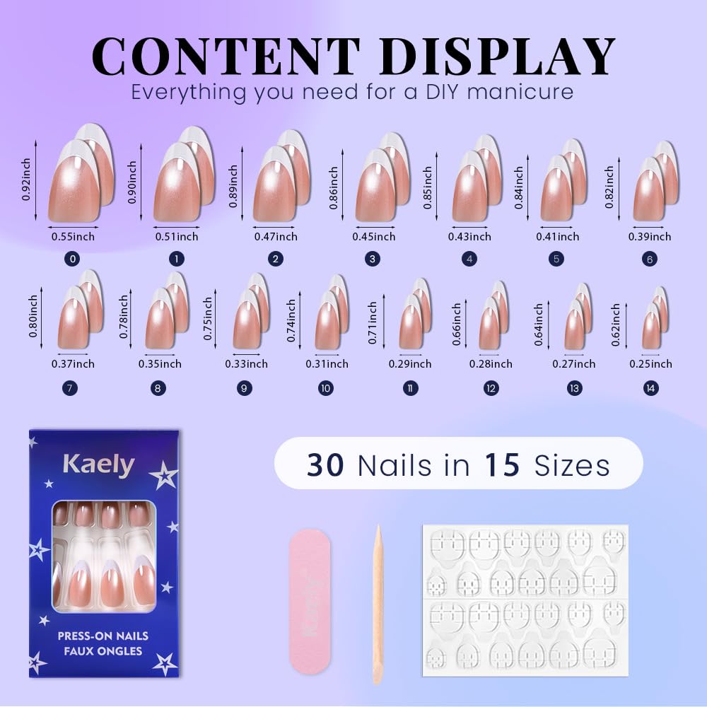 evpct Brown Cat Eye French Tip Press on Nails Almond Medium No Glue, White French Tip Medium Almond Holographic Stick on Nails for Women, Reusable Full Cover Soft Press on Nail Perfectly with Design